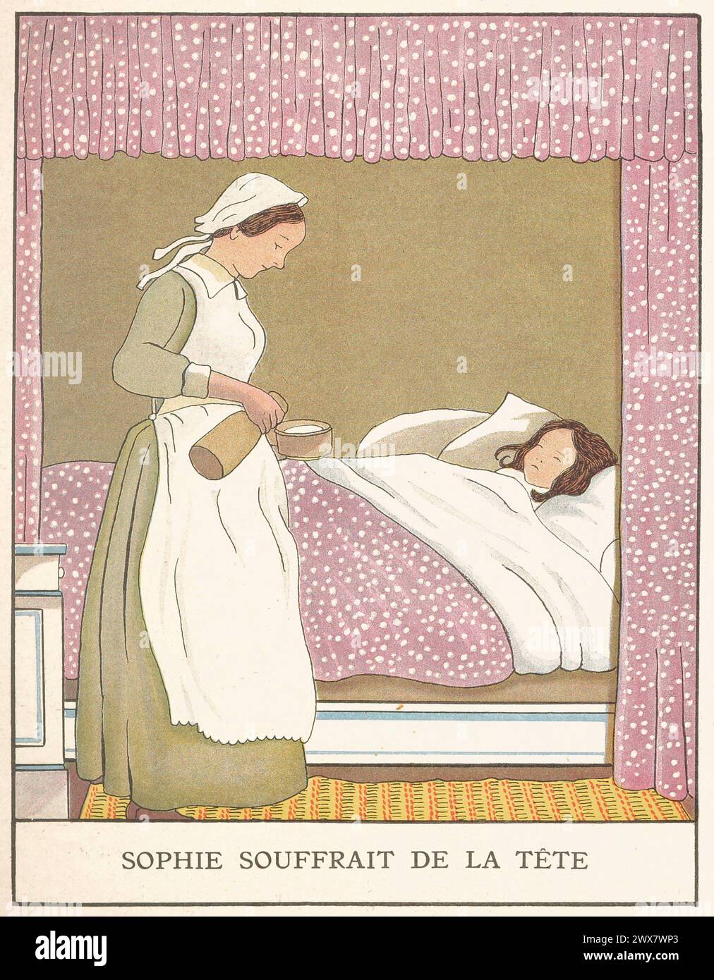« Je ne vais pas bien, maman », répondit-elle ; j'ai mal à la tête. » Illustration tirée de 'les Malheurs de Sophie', écrite par la comtesse de Ségur. Illustré par Marie-Madeleine Franc-Nohain, publié en 1933 par Maison Alfred Mame et fils. Banque D'Images