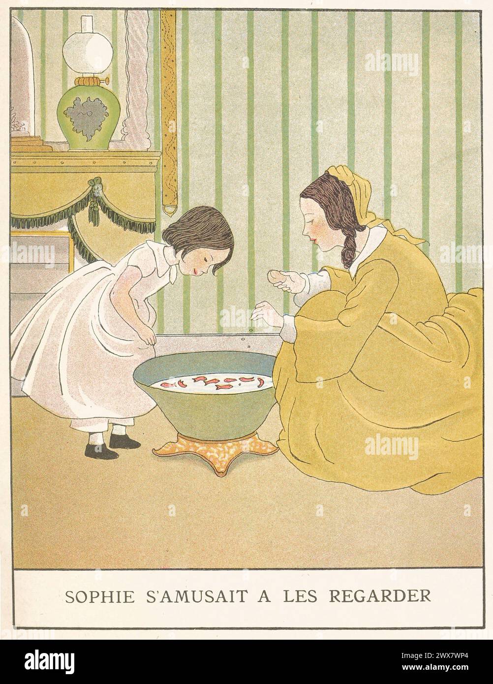 'OH ! J'ai une idée ! Je vais saler le poisson de ma mère. Je vais couper certains d'entre eux en tranches avec mon couteau et saler les autres entiers. Ce sera amusant ! Quel joli plat ça fera ! » Illustration tirée de 'les Malheurs de Sophie', écrite par la comtesse de Ségur. Illustré par Marie-Madeleine Franc-Nohain, publié en 1933 par Maison Alfred Mame et fils. Banque D'Images