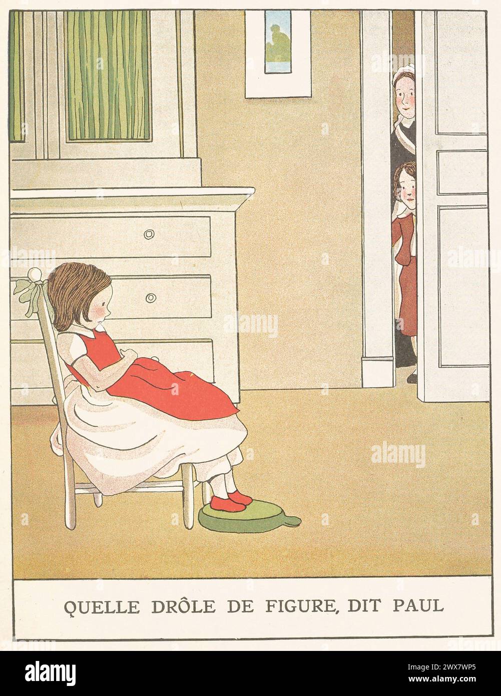 « Eh bien, eh bien ! » a dit sa servante. « Vous avez l’air triste à nouveau ? Es-tu encore désolé ? Quelle nouvelle sottise as-tu faite ? » Illustration tirée de 'les Malheurs de Sophie', écrite par la comtesse de Ségur. Illustré par Marie-Madeleine Franc-Nohain, publié en 1933 par Maison Alfred Mame et fils. Banque D'Images