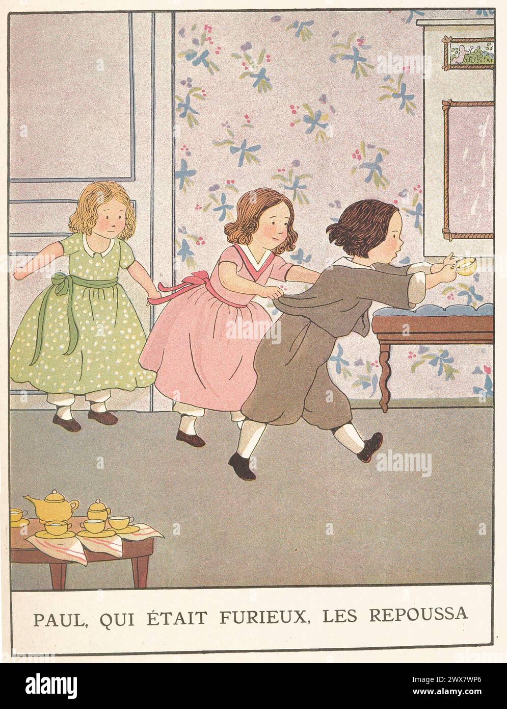 'Paul, qui était furieux, les a repoussés ; Sophie a profité de la situation pour se libérer et tomber dessus avec ses poings.' Illustration tirée de 'les Malheurs de Sophie', écrite par la comtesse de Ségur. Illustré par Marie-Madeleine Franc-Nohain, publié en 1933 par Maison Alfred Mame et fils. Banque D'Images