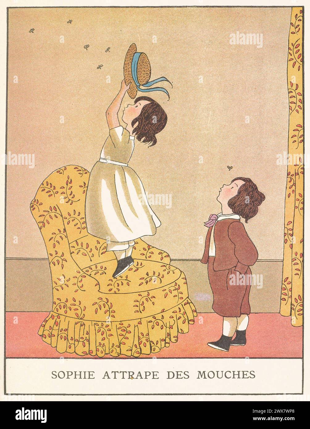 Sophie et son cousin Paul jouaient un jour dans leur chambre. Ils s'amusaient à attraper des mouches à la fenêtre. » Illustration tirée de 'les Malheurs de Sophie', écrite par la comtesse de Ségur. Illustré par Marie-Madeleine Franc-Nohain, publié en 1933 par Maison Alfred Mame et fils. Banque D'Images