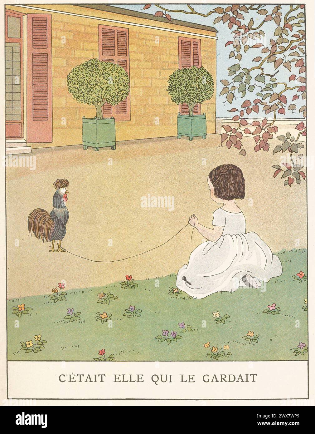 'Elle a essayé d'attacher un ruban à sa jambe. Il a tellement lutté contre elle qu'elle a dû l'enlever, craignant qu'il ne se casse la jambe." Illustration tirée de 'les Malheurs de Sophie', écrite par la comtesse de Ségur. Illustré par Marie-Madeleine Franc-Nohain, publié en 1933 par Maison Alfred Mame et fils. Banque D'Images