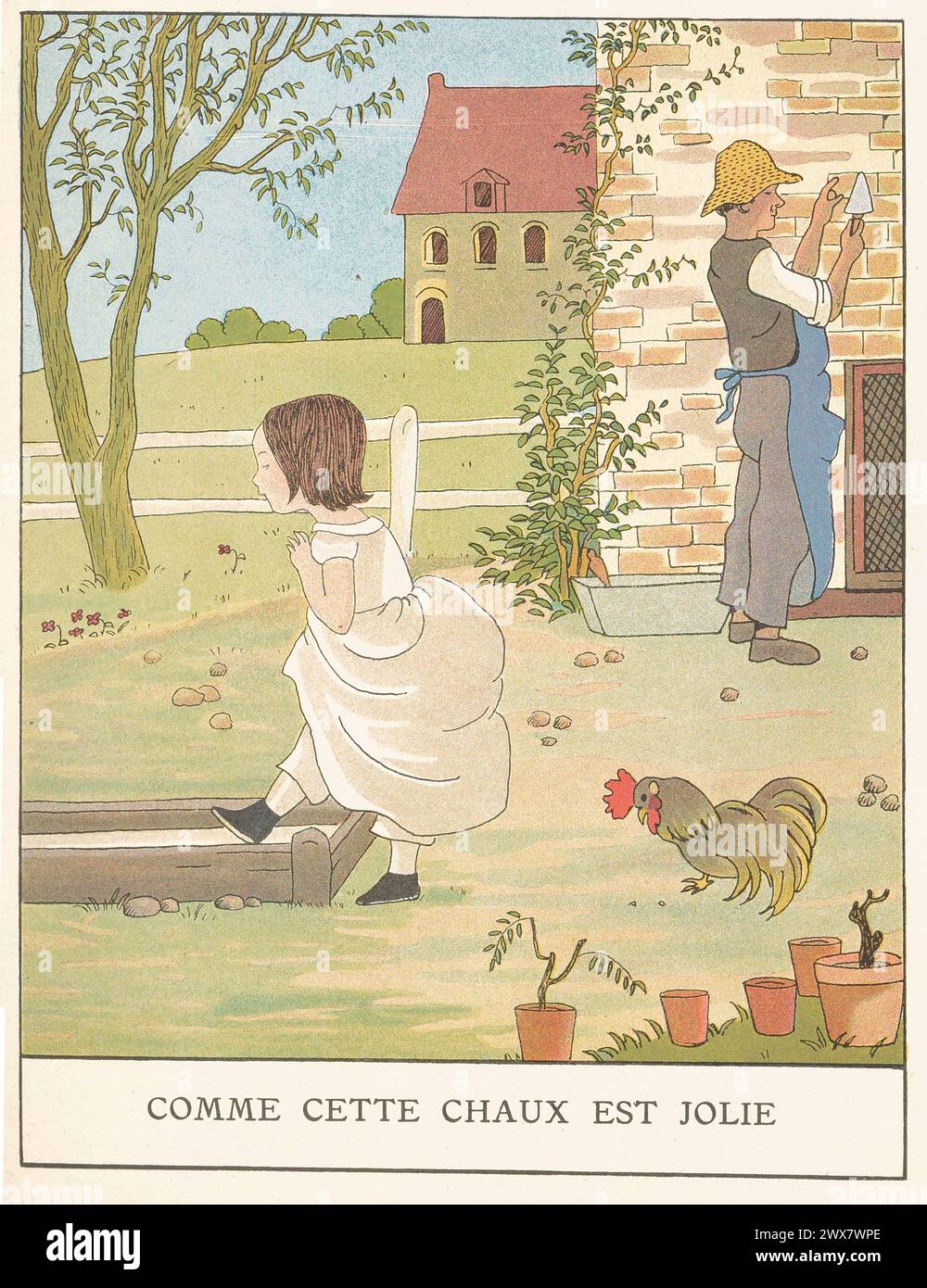 “Comme ce bain de chaux est blanc et beau!” elle se dit à elle-même. « Je n’ai jamais eu un si bon coup d’œil. Maman ne me laisse jamais m'en approcher. Comme c'est lisse ! Il doit se sentir agréable et agréable sous vos pieds. Je vais glisser à travers le bassin comme si c'était de la glace." illustration tirée de 'les Malheurs de Sophie', écrite par la comtesse de Ségur. Illustré par Marie-Madeleine Franc-Nohain, publié en 1933 par Maison Alfred Mame et fils. Banque D'Images