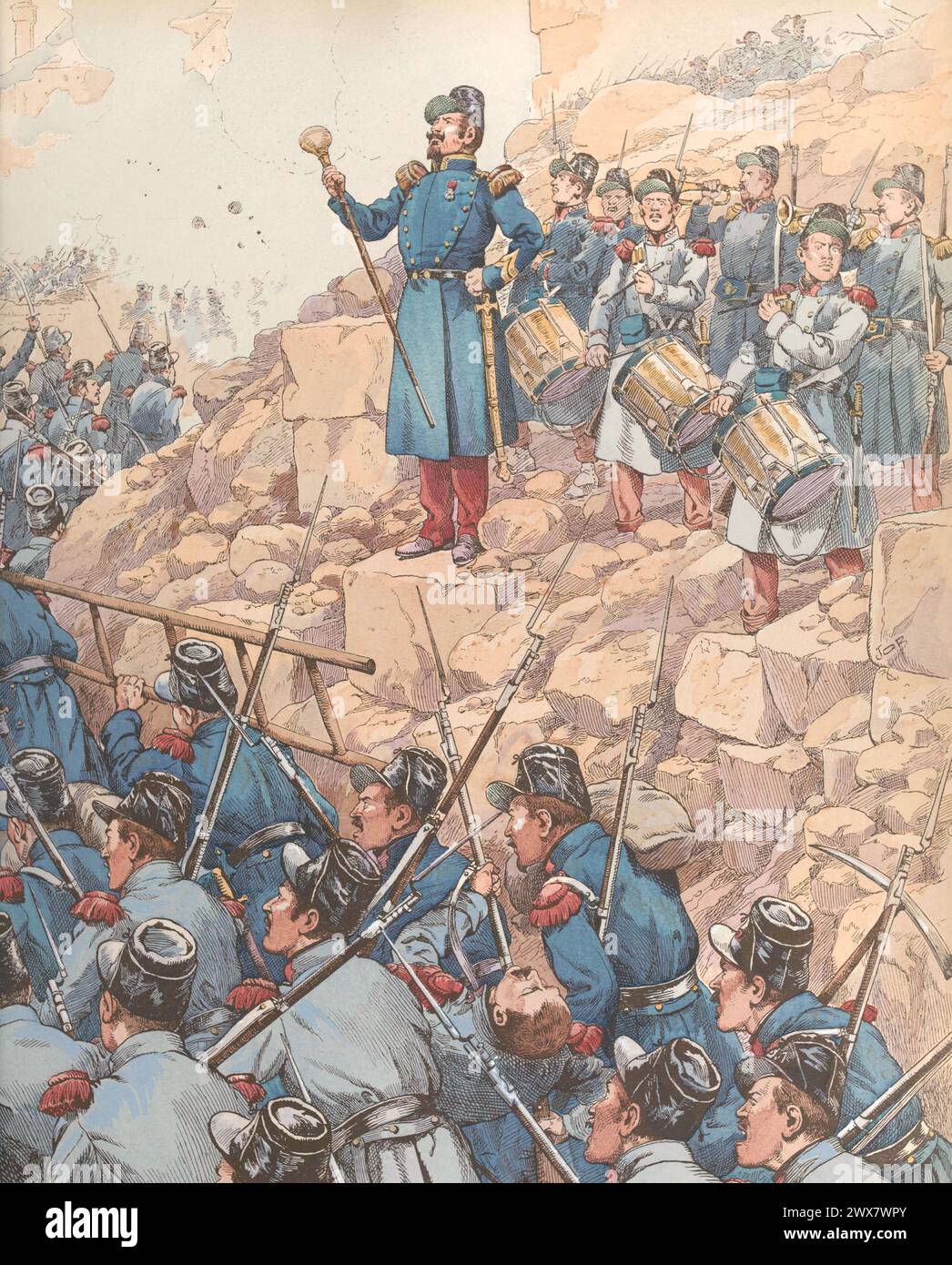 Tambour major français lors du siège de Constantin en 1837. Illustration de Job parue dans le livre 'allons, enfants de la Patrie !...' Par Jean Richepin. Publié par A. Mame et fils en 1920. Banque D'Images