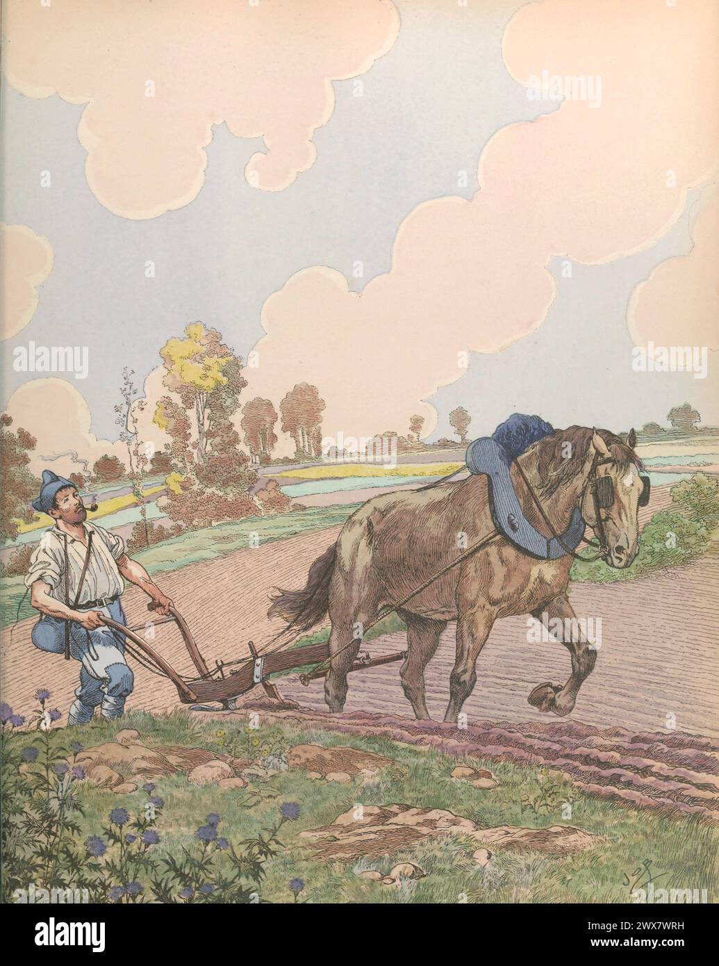 Retour à la terre : paysan français de retour au travail après la première Guerre mondiale. Illustration de Job parue dans le livre 'allons, enfants de la Patrie !...' Par Jean Richepin. Publié par A. Mame et fils en 1920. Banque D'Images