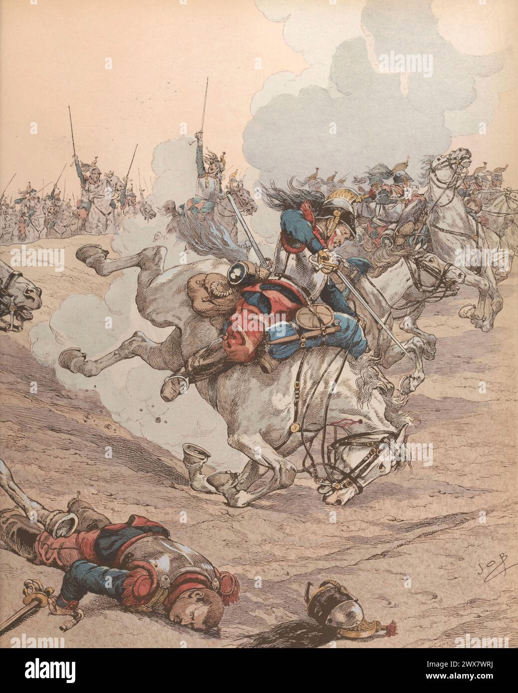 Guerre franco-prussienne de 1870 à 1871 : les cuirassiers français chargent à la bataille de Wörth, le 6 août 1870. Illustration de Job parue dans le livre 'allons, enfants de la Patrie !...' Par Jean Richepin. Publié par A. Mame et fils en 1920. Banque D'Images