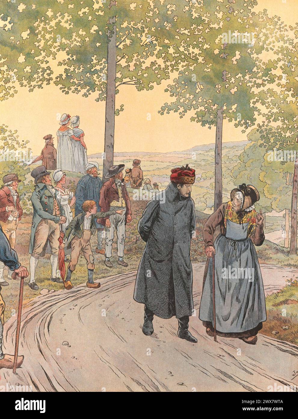 Où une vieille italienne, qui ne reconnaissait pas Napoléon Ier dans les traits d’un voyageur, lui exprime toute son admiration et celle du peuple pour l’empereur. 1804 illustration de Job tirée du livre Napoléon écrit par Georges Montorgueil, publié en 1921 par Boivin (Paris). Banque D'Images