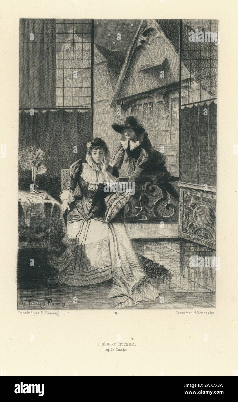 Marion de Lorme, acte I, scène II : le rendez-vous gravé plaque 4, paru dans 'oeuvres complètes' de Victor Hugo, première série, Paris, L. Hébert éditeur (vers 1885). Gravure d'Henri Toussaint, d'après François Flameng. Banque D'Images