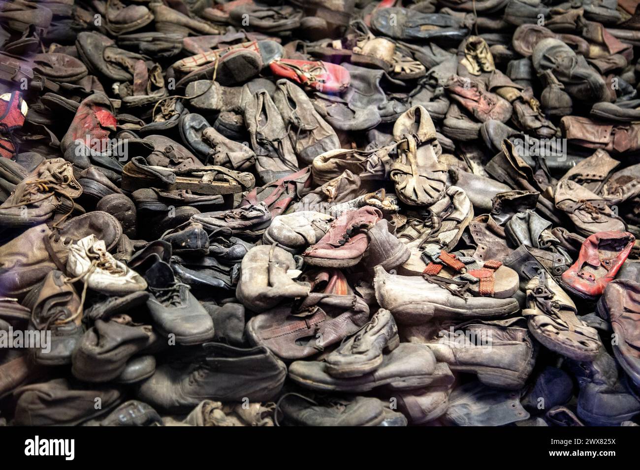 Chaussures qui appartenaient à des victimes au musée du camp de concentration d'Auschwitz I, Pologne Banque D'Images