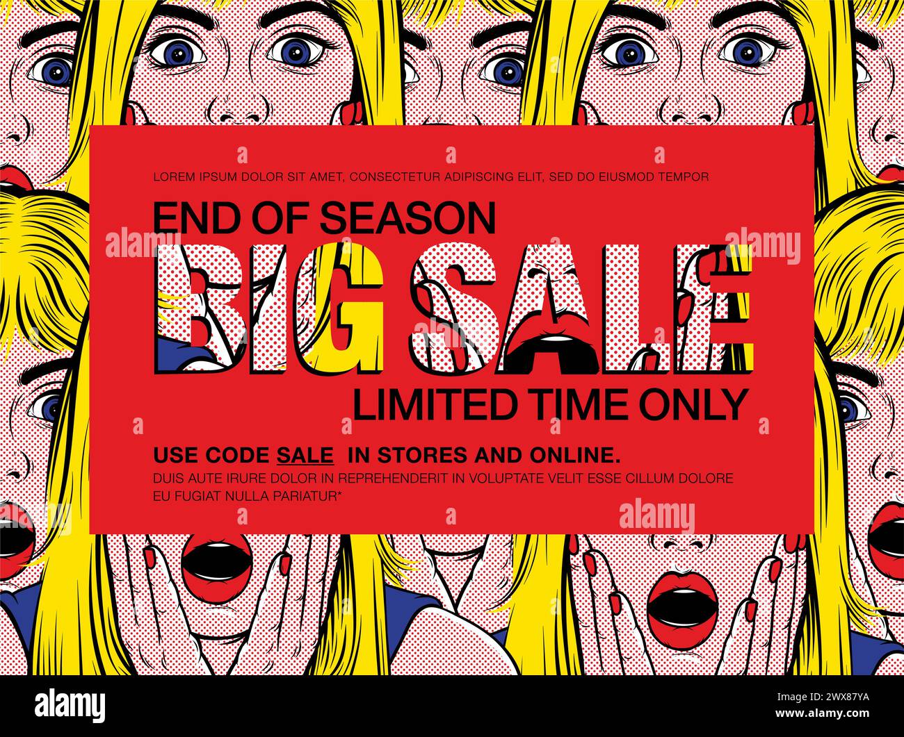 « Obtenez 70 % de réduction supplémentaire. Super soldes. Utilisez la vente de code dans les magasins et en ligne 'bannière avec surprise Blonde Girl (style rétro comique art) dans le style pop art. Illustration de Vecteur