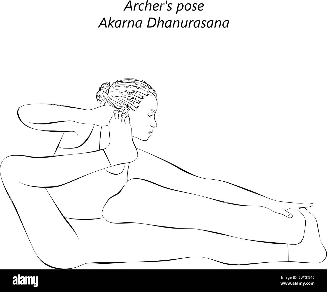 Croquis de femme faisant du yoga Akarna Dhanurasana. Pose d'Archer. Posture de l'arc et de la flèche ou posture de l'arc de tir. Illustration vectorielle isolée. Illustration de Vecteur