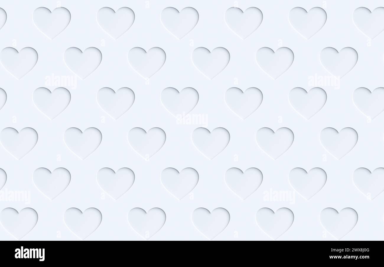 Modèle sans couture de nombreux coeurs blancs ou gris clair avec effet de découpe de papier ou ombre sur un blanc. Fond abstrait conceptuel moderne et tendance. Banque D'Images