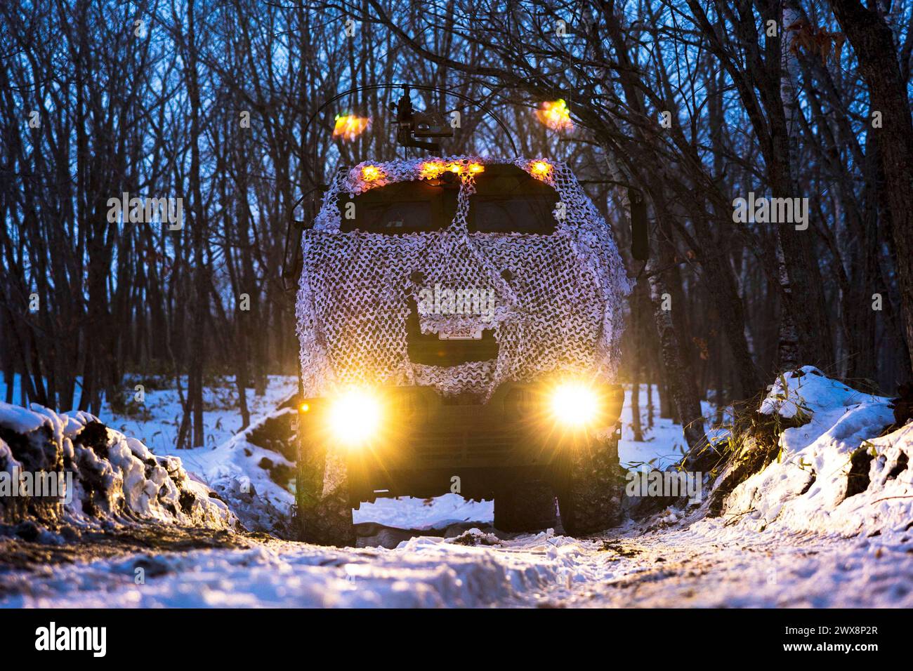 Zone de manœuvre de Yausubetsu, Hokkaido, Japon. 4 mars 2024. Les Marchines des États-Unis exécutent une mission de tir théorique avec un système de fusée d'artillerie à haute mobilité au cours du programme d'entraînement à la relocalisation de l'artillerie 23,4 dans la zone de manœuvre de Yausubetsu, Hokkaido, Japon, le 4 mars 2024. ARTP offre à Marchines 3/12 l'occasion de répéter des opérations de tir réel dans une gamme de climats et de conditions, fournissant des forces d'artillerie mortelles prêtes au combat dans l'Indo-Pacifique. Les Marchines sont avec le 3e bataillon, 12e régiment littoral Marchine, 3e division Marchine. (Photo de Jaylen Davis) (crédit image : © U.S. March Banque D'Images
