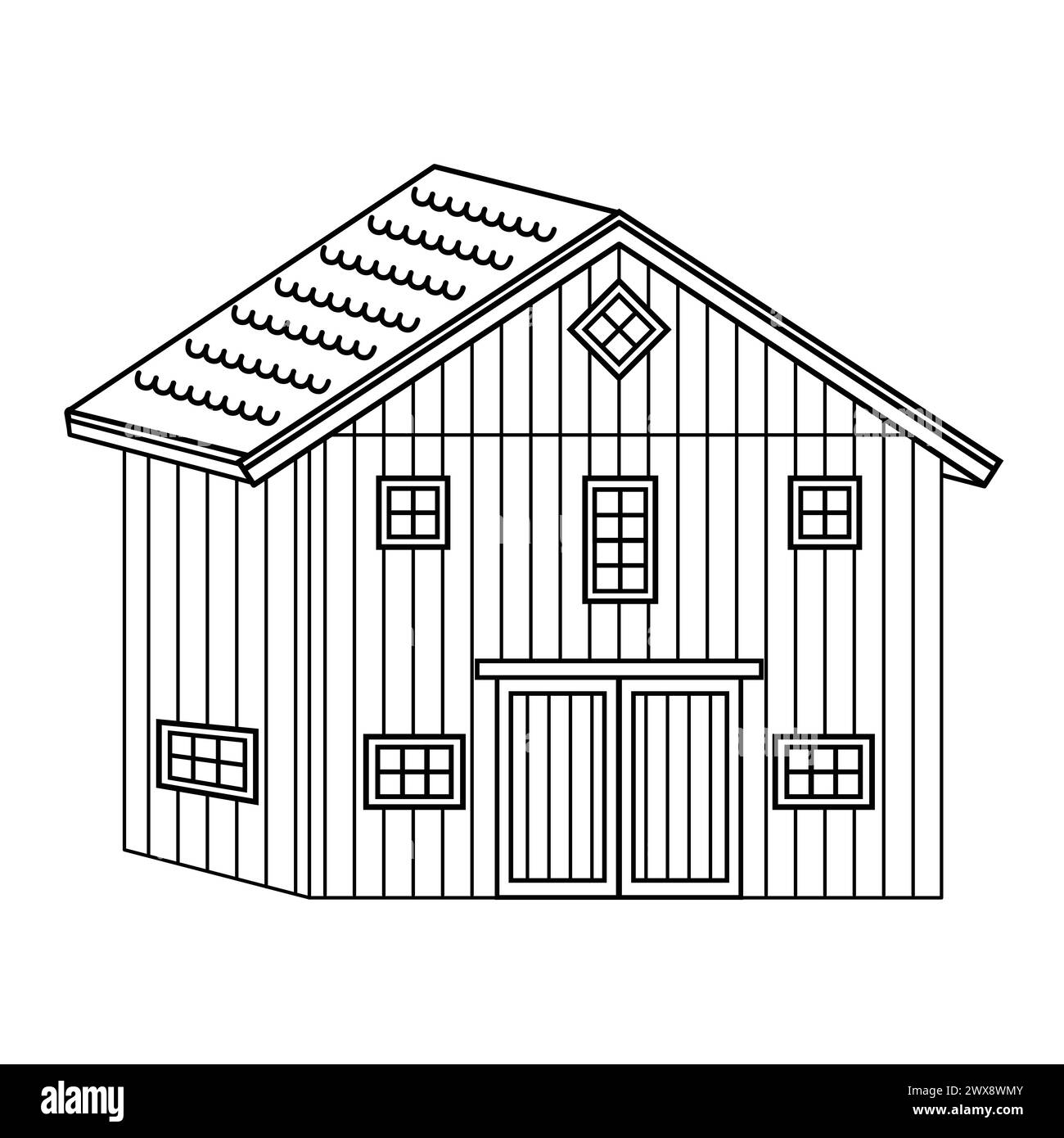 Grange en bois noir blanc monochrome. Illustration vectorielle isolée sur fond blanc pour livre de coloriage Illustration de Vecteur