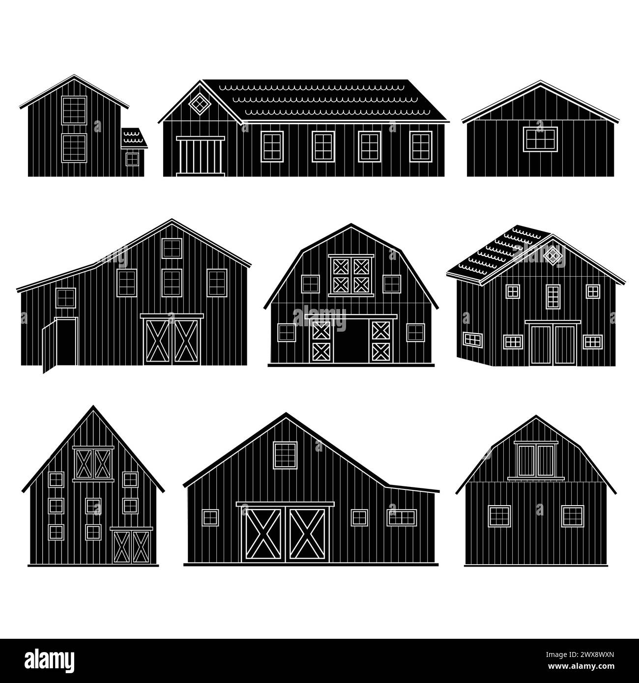 Grand ensemble de granges monochromes en bois noir blanc rouge avec fenêtres, portes. Vecteur isolé abrite des icônes sur le fond blanc Illustration de Vecteur