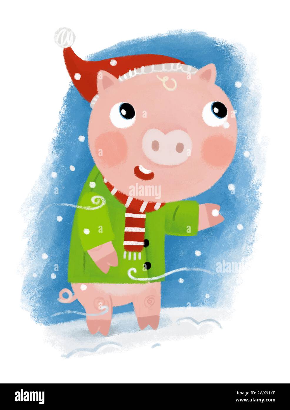 scène de dessin animé avec petit cochon heureux sur la neige s'amusant dans l'illustration d'hiver pour les enfants Banque D'Images