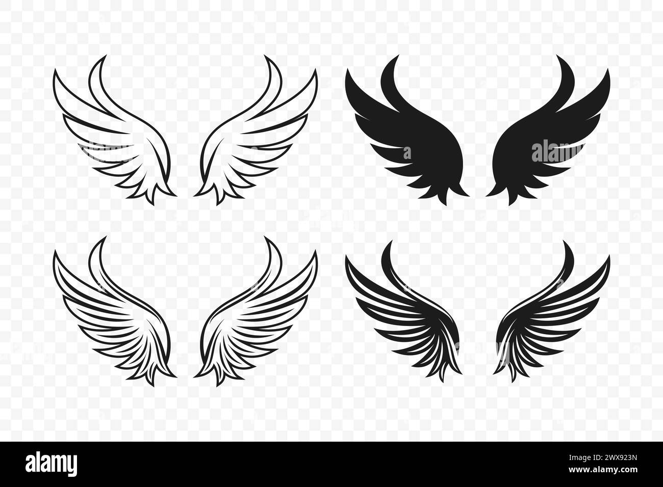 Jeu d'icônes Vector Wing. Vintage Angel Wings Silhouette, icônes, modèle de conception de logo, Collection Clipart. Cupidon, Bird Wings. Illustration vectorielle Illustration de Vecteur