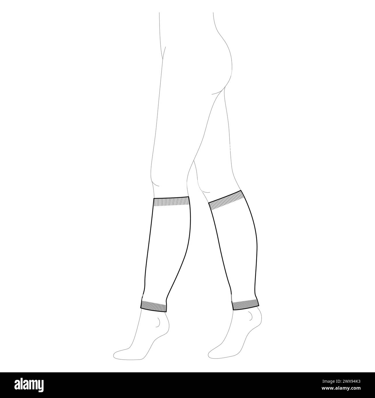 Jambe chauffante chaussettes sans pieds bonneterie hauteur genou. Accessoire de mode vêtements illustration technique bas. Vue latérale vectorielle pour les femmes, unisexe, contour d'esquisse CAD modèle plat isolé Illustration de Vecteur