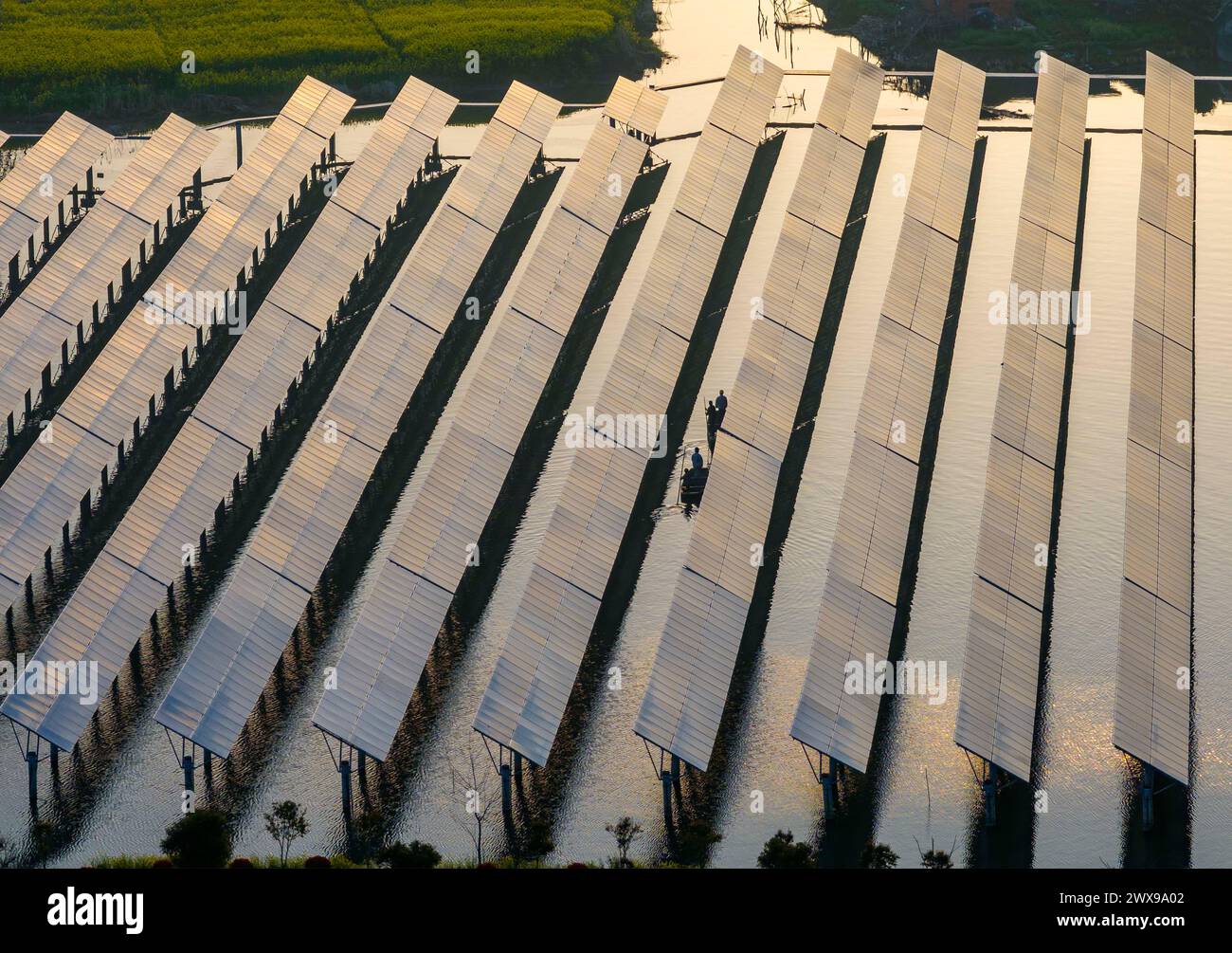 TAIZHOU, CHINE - le 29 MARS 2024 - le personnel d'une compagnie d'alimentation électrique révise et entretient l'équipement photovoltaïque du « projet hybride pêche-solaire » p Banque D'Images