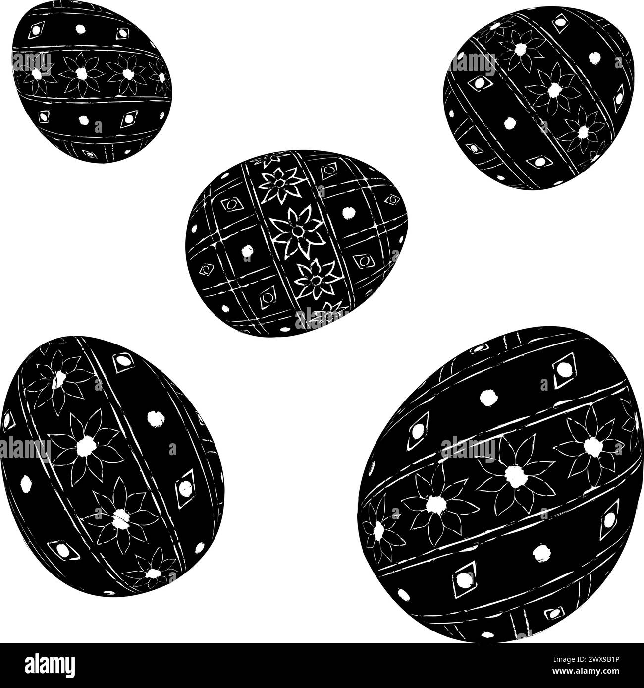 Forme de 5 oeufs de Pâques décorés avec ornement. Illustration vectorielle d'œufs de Pâques décorés avec motif. Style de peinture. Gâterie festive Illustration de Vecteur