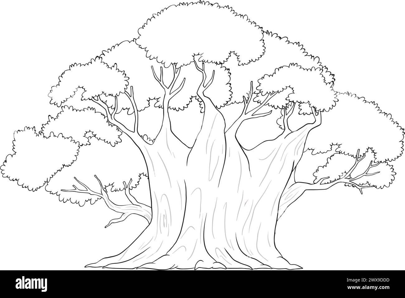 Dessin au trait noir et blanc d'un grand arbre. Illustration de Vecteur