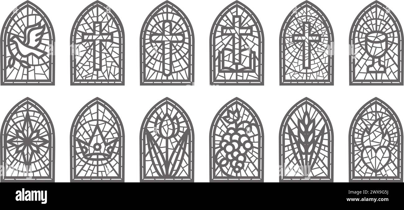 Fenêtres en verre d'église. Mosaïque colorée cadres catholiques et chrétiens avec croix. Voûtes médiévales gothiques vectorielles isolées sur fond blanc Illustration de Vecteur