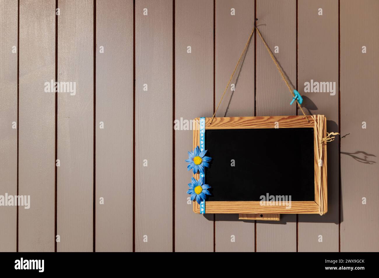 tableau noir avec cadre accroché sur un mur en bois, fleurs de couleur bleue Banque D'Images tableau noir avec cadre accroché sur un mur en bois, fleurs de couleur bleue Banque D'Images