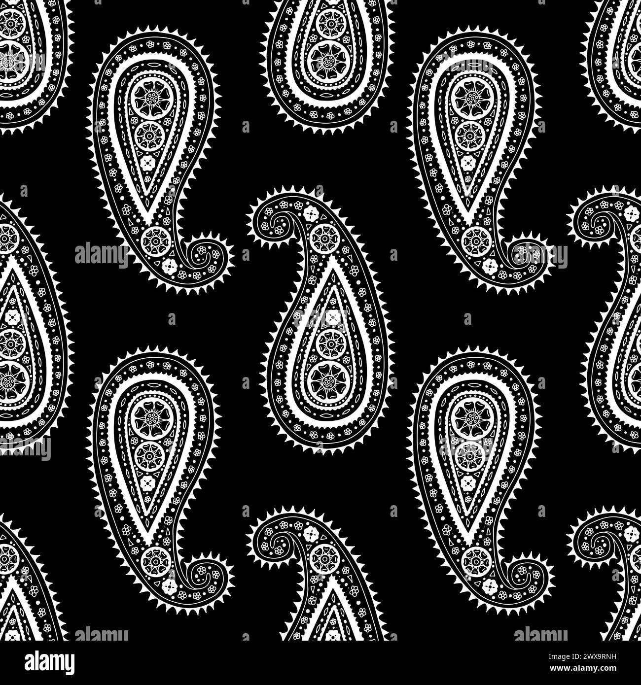 Modèle sans couture Monohcrome avec motifs Paisley sur fond noir Illustration de Vecteur