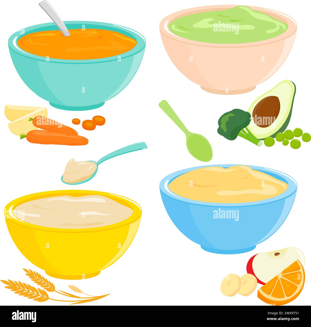 Bols de nourriture pour bébés et tout-petits. Purée de céréales, fruits et légumes. Collection d'illustrations vectorielles Illustration de Vecteur