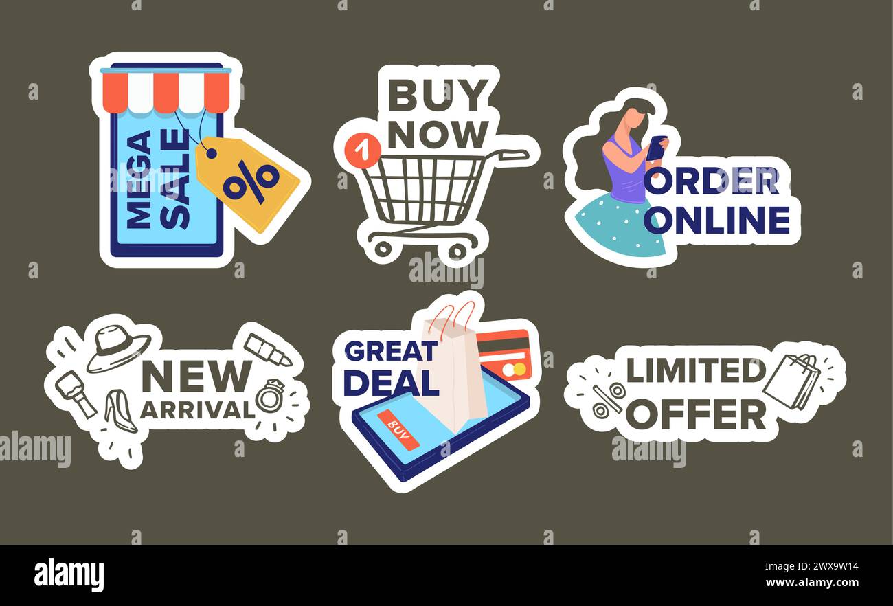 Ensemble de conception d'étiquettes pour la promotion de remise en ligne en magasin Illustration de Vecteur