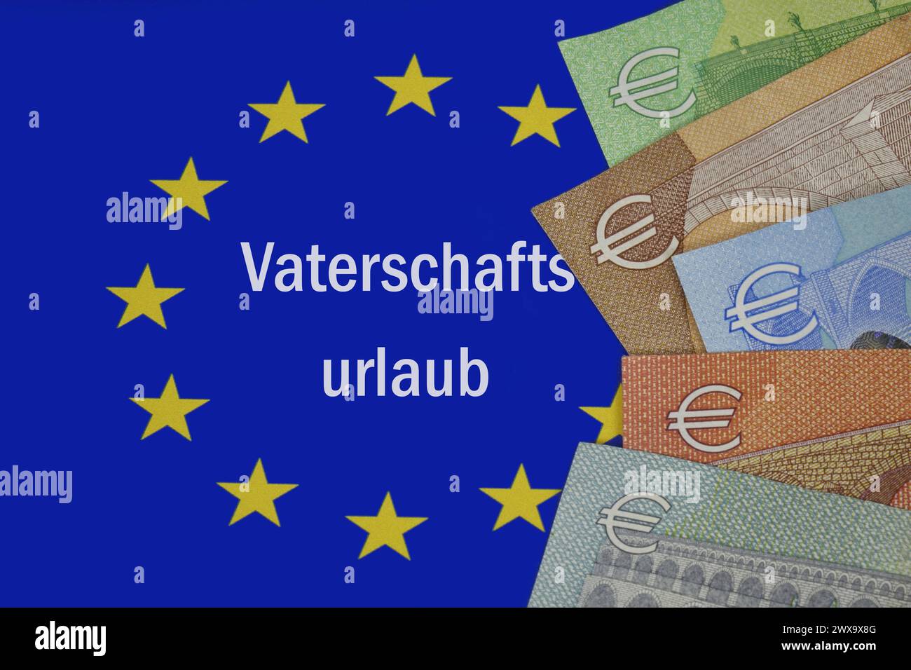 Europasybol mit Geldscheinen und Vaterschaftsurlaub Europasybol mit Geldscheinen und Vaterschaftsurlaub, 29.03.2024, Borkwalde, Brandenburg, Auf einem Europasybol befinden sich Geldscheine und der Schriftzug Vaterschaftsurlaub. *** Symbole Europe avec billets de banque et congé de paternité symbole Europe avec billets de banque et congé de paternité, 29 03 2024, Borkwalde, Brandebourg, sur un symbole Europe, il y a des billets de banque et le lettrage congé de paternité Banque D'Images