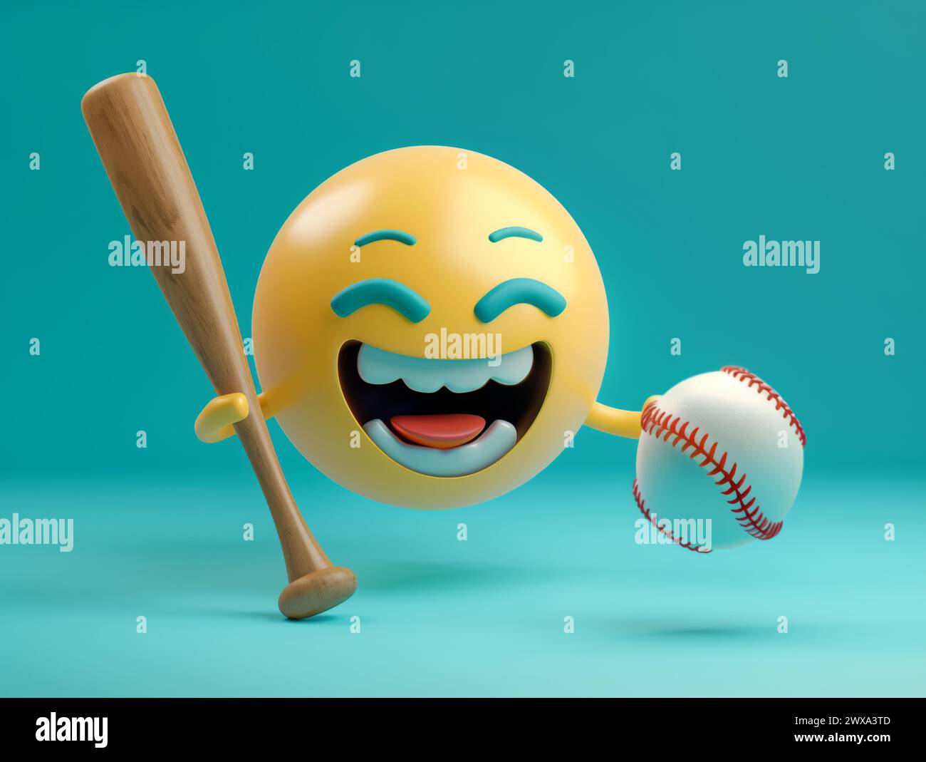 Smilie face jouant au baseball emoji 3d rendre heureux Banque D'Images