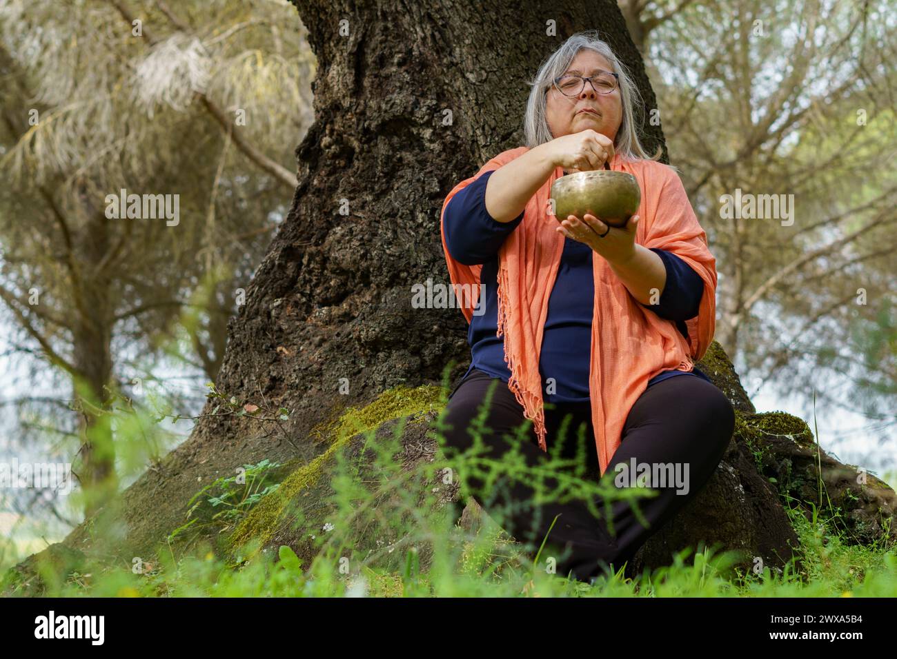 Femme méditant dans la forêt en sonnant un bol chantant tibétain Banque D'Images