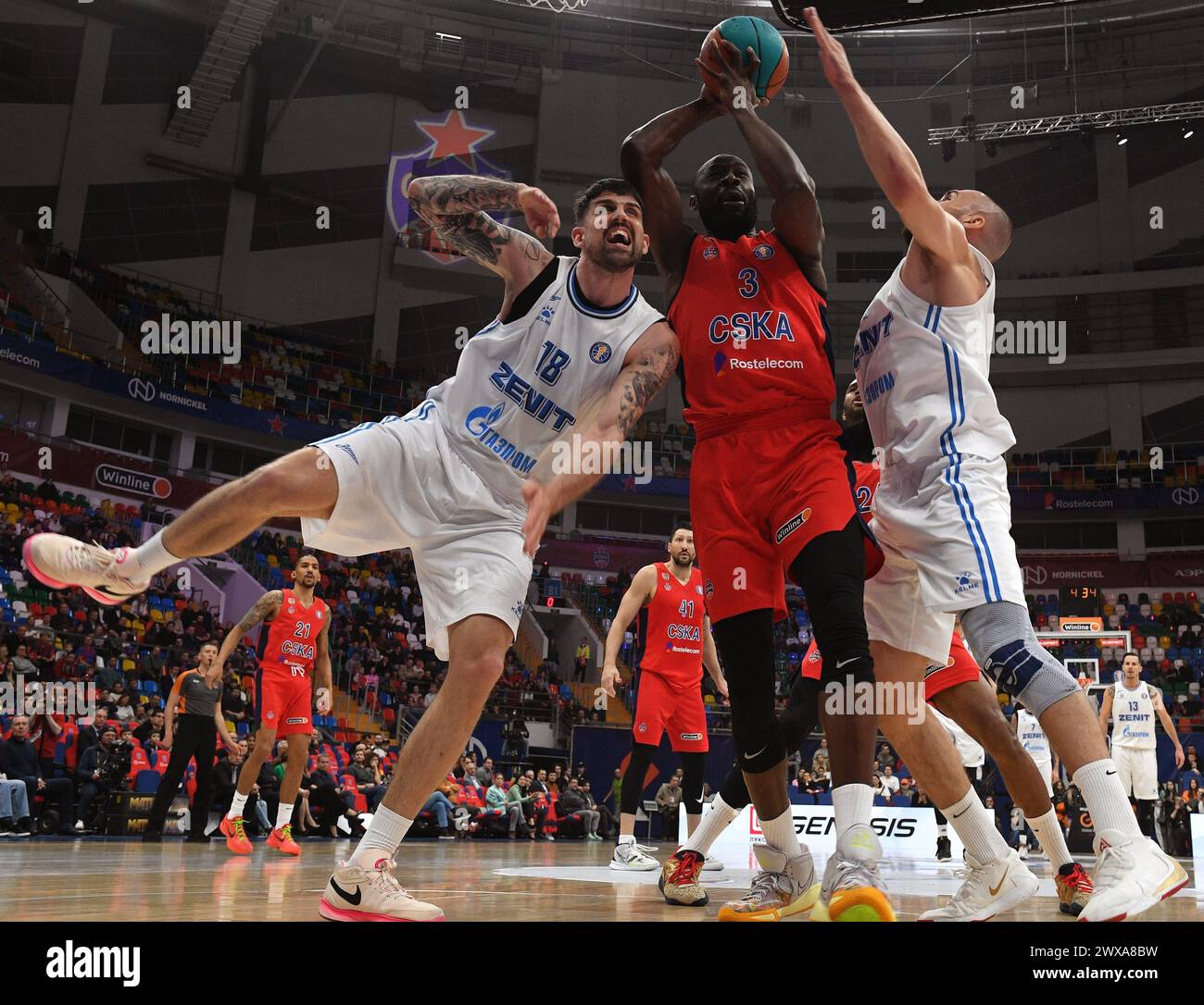 Moscou, Russie. 28 mars 2024. VTB United Basketball League. Match entre les équipes CSKA (Moscow) - Zenit (selon Petersburg) au stade sportif Megasport. 28.03.2024 Russie, Moscou crédit photo : Dmitry Lebedev/Kommersant/Sipa USA crédit : Sipa US/Alamy Live News Banque D'Images