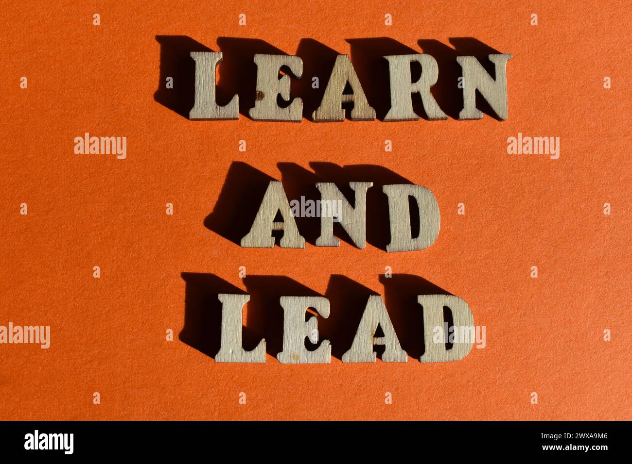 Apprendre et diriger, mots en lettres de l'alphabet en bois isolés sur fond orange comme titre de bannière Banque D'Images