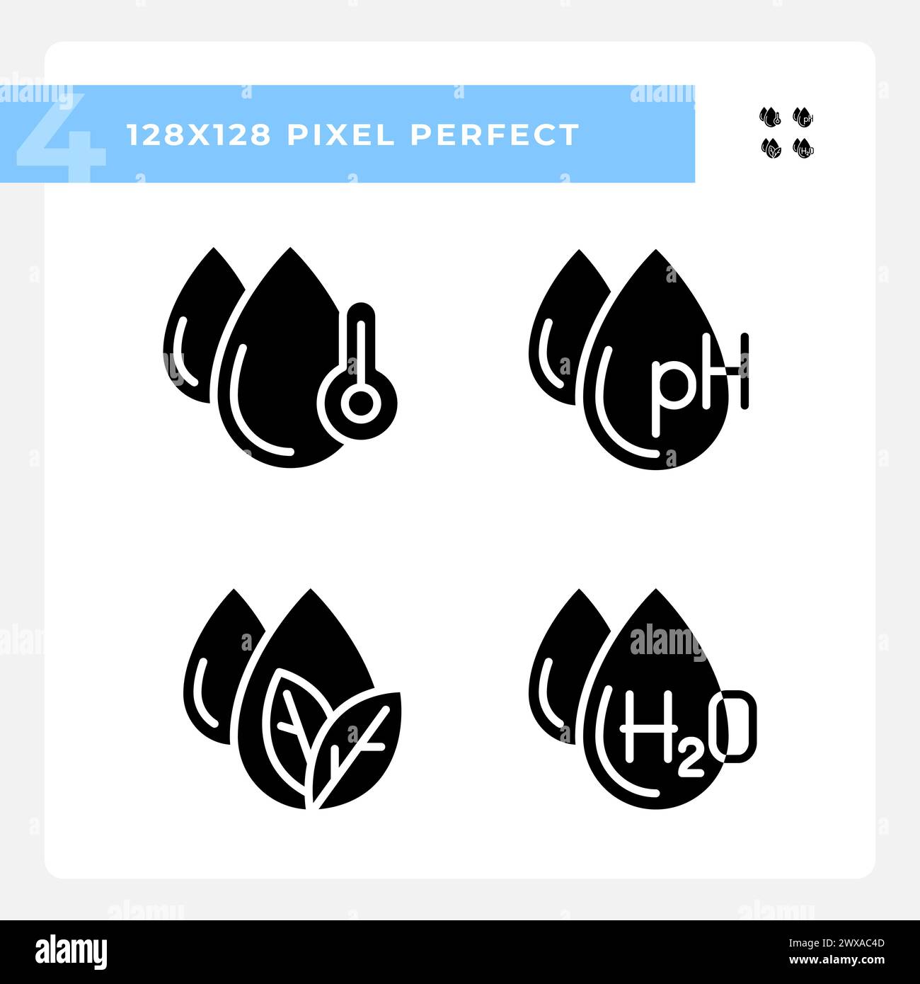 L'eau comporte des icônes de glyphe noir réglées sur l'espace blanc température et équilibre du ph Illustration de Vecteur