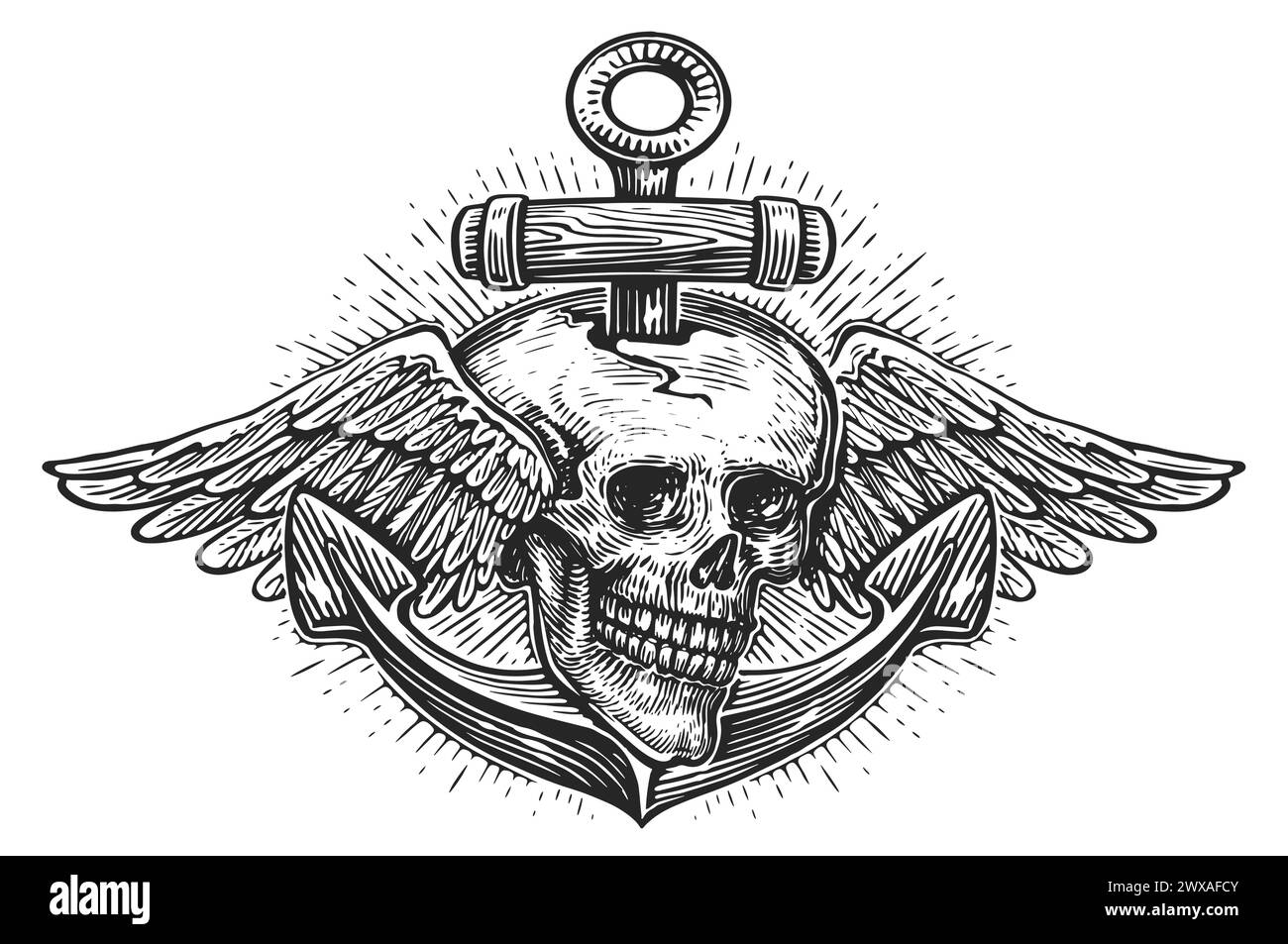 Crâne avec ailes et ancre de vieux navire. Illustration vintage dessinée à la main, style de gravure d'esquisse Illustration de Vecteur