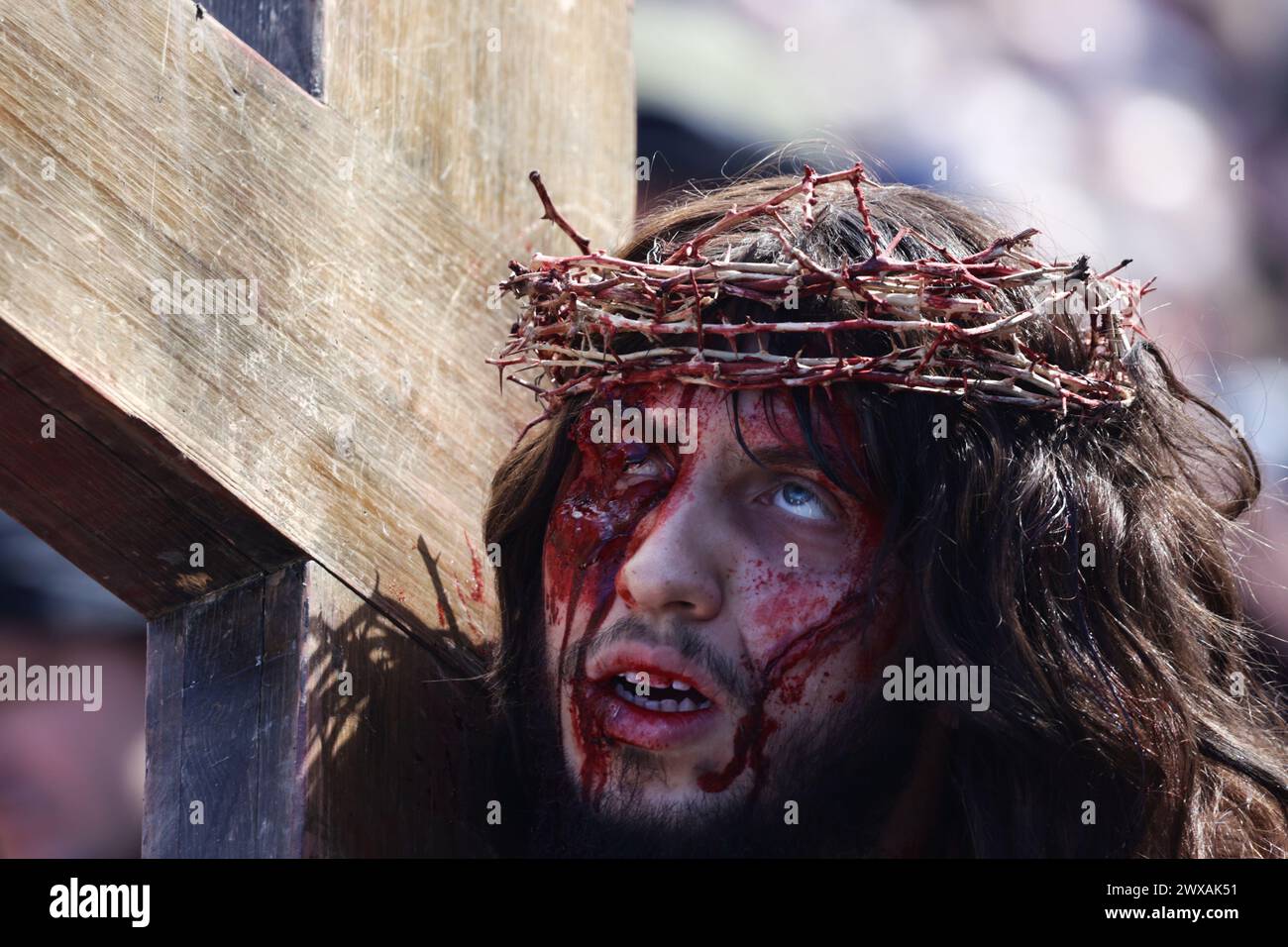 Kalwaria Zebrzydowska, Pologne. 29 mars 2024. Un acteur habillé en Jésus-Christ participe au chemin de Croix. Crédit : John Piano/Alamy Live News Banque D'Images