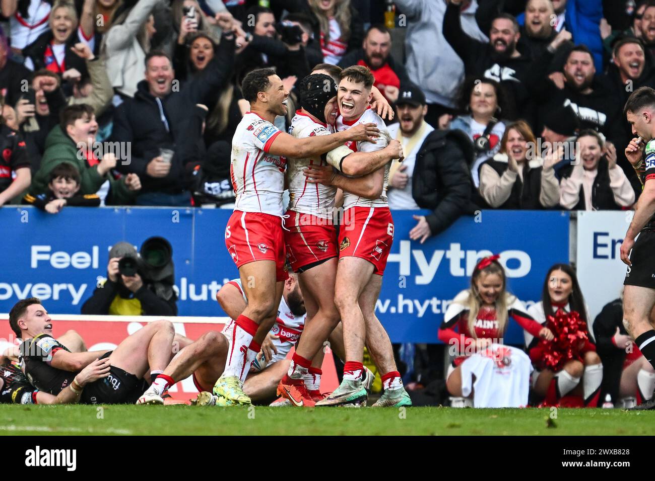 Konrad Hurrell de préparé Helens célèbre son essai lors du match de la Betfred Super League Round 6 St Helens vs Wigan Warriors au Totally Wicked Stadium, St Helens, Royaume-Uni, le 29 mars 2024 (photo par Craig Thomas/News images) en , le 29/03/2024. (Photo de Craig Thomas/News images/SIPA USA) Banque D'Images