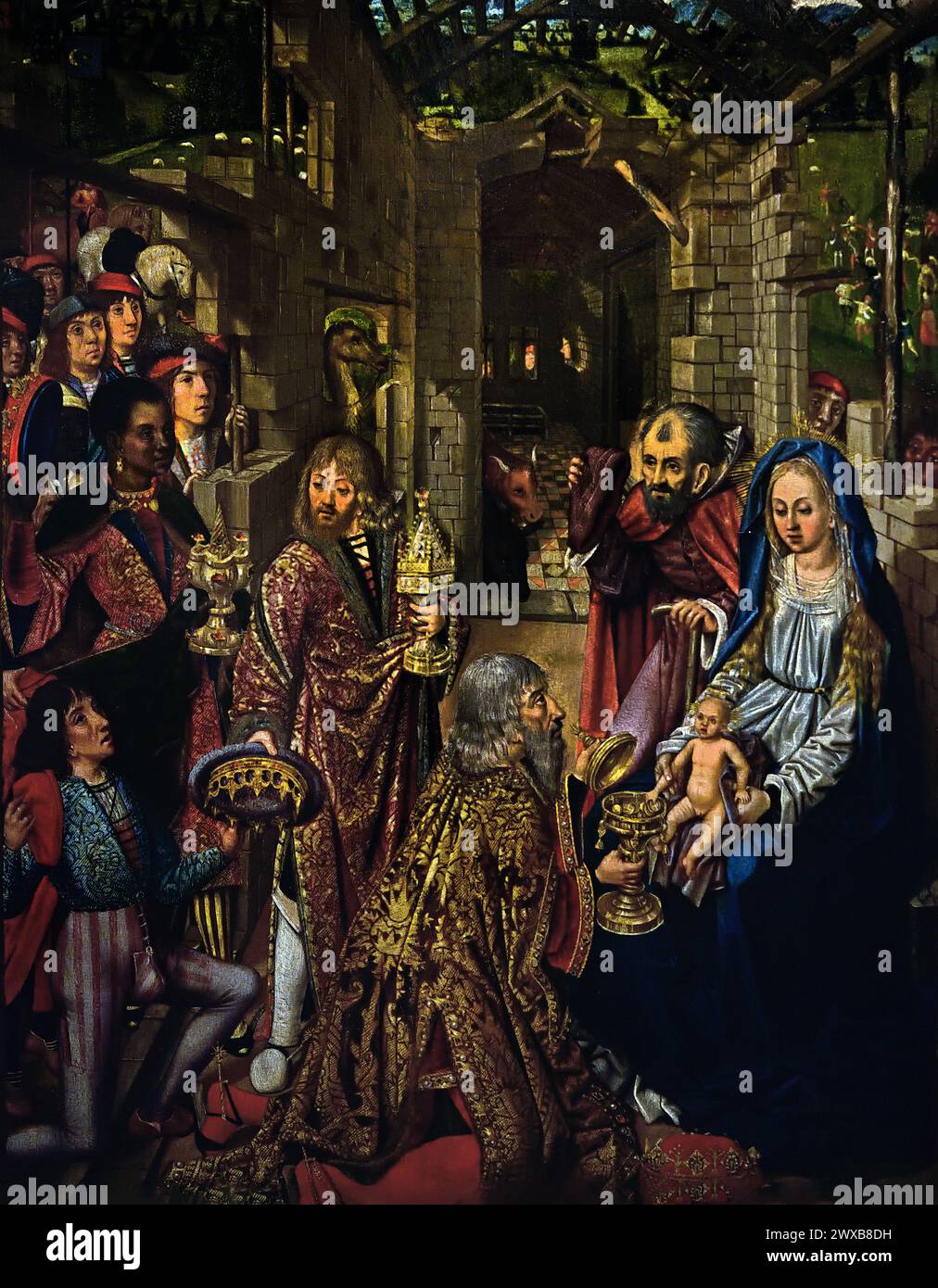 Adoration du sage 1515 - 1530 par Maître de la Flandre occidentale Mayer van den Bergh, Anvers, Belgique, belge ( Adoration, Magi, adoration des Rois, Nativité de Jésus, trois Mages, représentés comme des rois, trouvèrent Jésus en suivant une étoile, déposèrent devant lui des dons d'or, la myrrhe d'encens l'adorèrent, les témoins de la naissance, Jésus à Bethléem, Noël, ). Banque D'Images