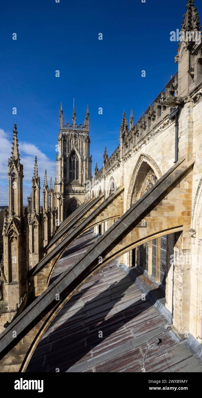 Côté sud de la nef avec des contreforts volants, cathédrale York Minster, Angleterre Banque D'Images