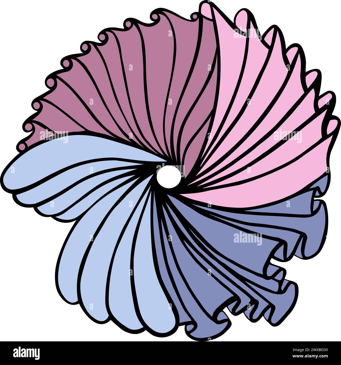 L'image représente une illustration stylisée de papillon ou de papillon de nuit. Les ailes sont composées de segments incurvés qui se chevauchent dans les tons de rose, violet et bleu Banque D'Images
