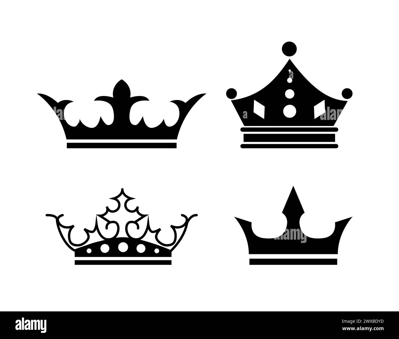 Ensemble de silhouettes de couronne. Enseignes et bijoux de famille royale. Aristocratie et Royaume, monarchie, couronnement. Autocollants de médias sociaux. Vecteur plat de dessin animé co Illustration de Vecteur