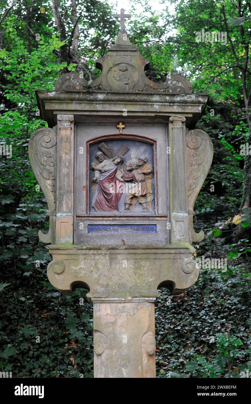 Lieu de pèlerinage de St Salvator, relief d'une scène de crucifixion sur une colonne de pierre historique, St Salvator, Schwaebisch Gmuend, Bade-Wuerttemberg Banque D'Images