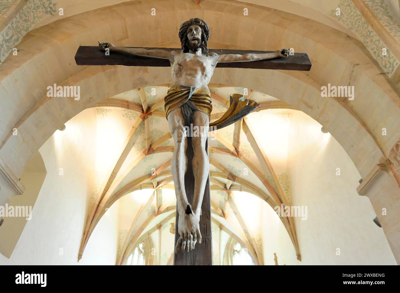 Sculpture réaliste de Jésus-Christ sur une croix dans une église, monastère de Lorch, Lorch, Bade-Wuertemberg, Allemagne Banque D'Images