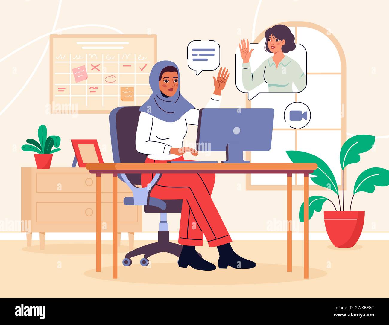 Concept de travail de femme musulmane. Jeune fille en hijab sur le lieu de travail. Communication et interaction à distance. Appel vidéo et conférence. Vecteur plat de dessin animé il Illustration de Vecteur