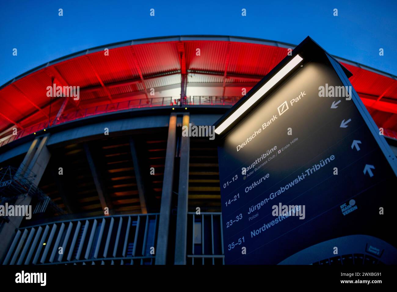 Panneaux indiquant les blocs et les sièges, match international Allemagne GER v. pays-Bas NED, Deutsche Bank Park, Blue hour, Frankfurt am main, Hesse Banque D'Images