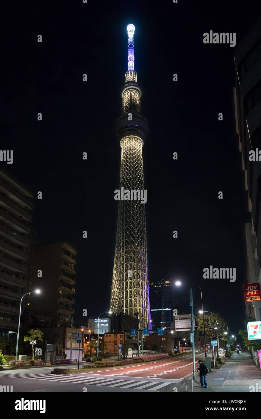 Tokyo Skytree de 634 mètres de haut, tour de radiodiffusion et d'observation à Sumida illuminée la nuit dans la ville de Tokyo, Japon Banque D'Images