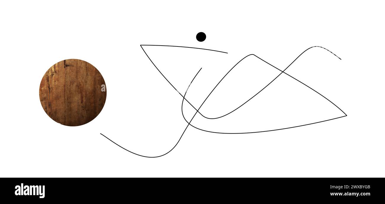 Dessin au trait minimaliste, silhouette d'une crevette, poisson. Elément rond en bois comme balle de jeu. Fond blanc. Pêche, cuisine, concept de vie marine Banque D'Images
