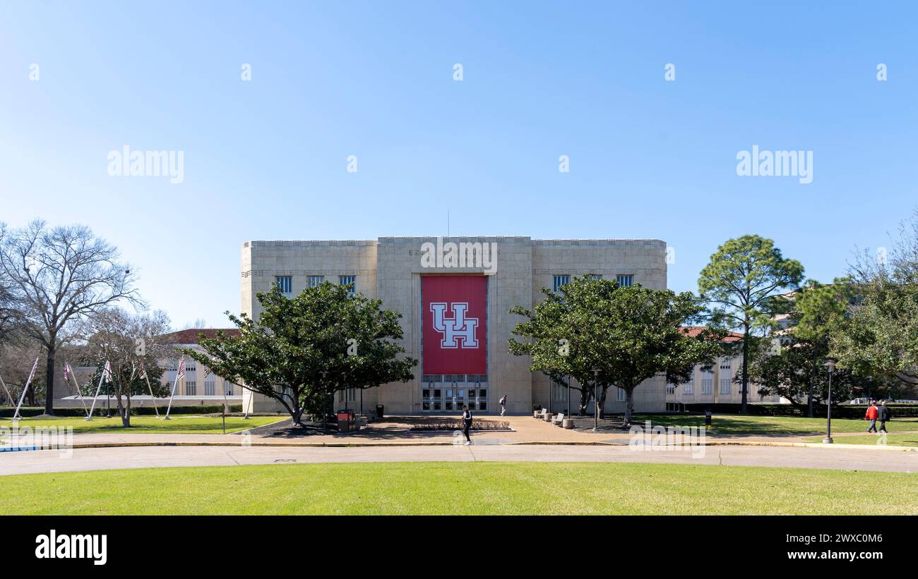 Le panneau sur le bâtiment Ezekiel W. Cullen sur le campus de l'Université de Houston. Banque D'Images